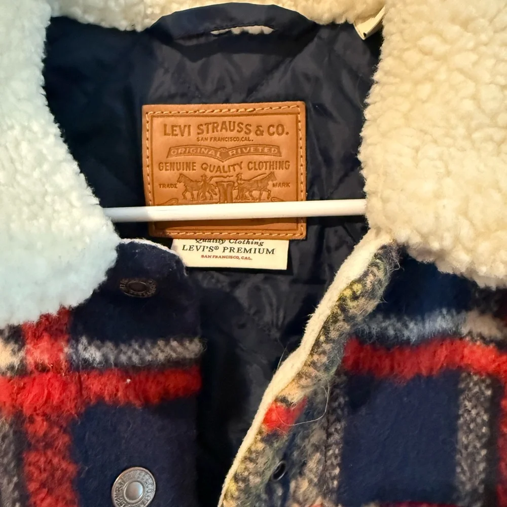 Levi's Navy, Red & Tan Plaid Sherpa Collar Bomber Jacket