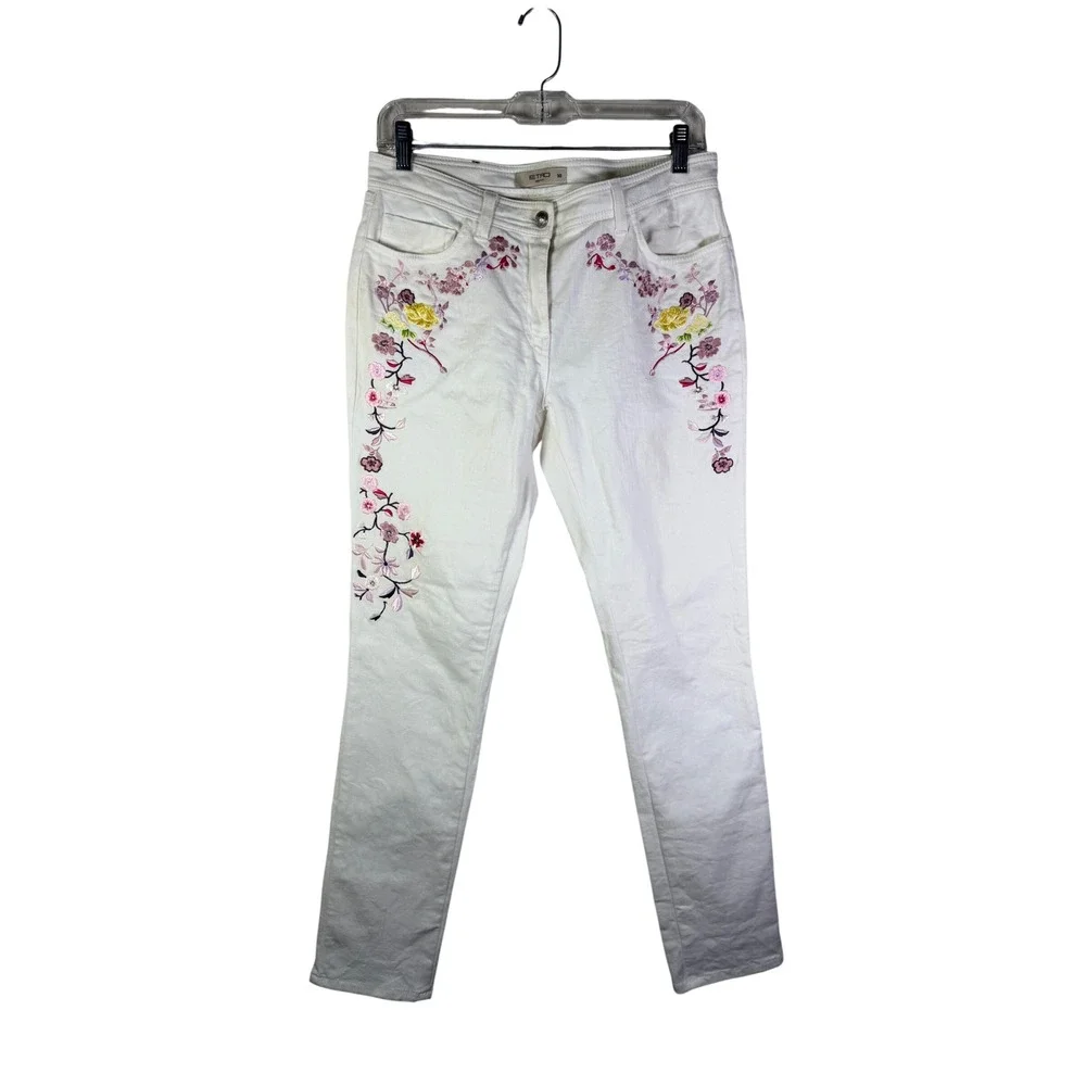 Etro Milano White Floral Embroidered Slim Straight Leg Jeans Made in Italy 30