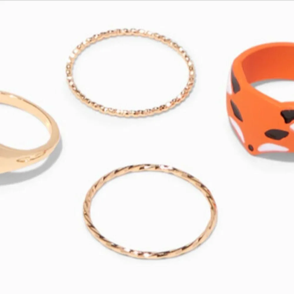 Icing Orange Fox, White Daisy, & Gold Woven Band Ring Set Size 8