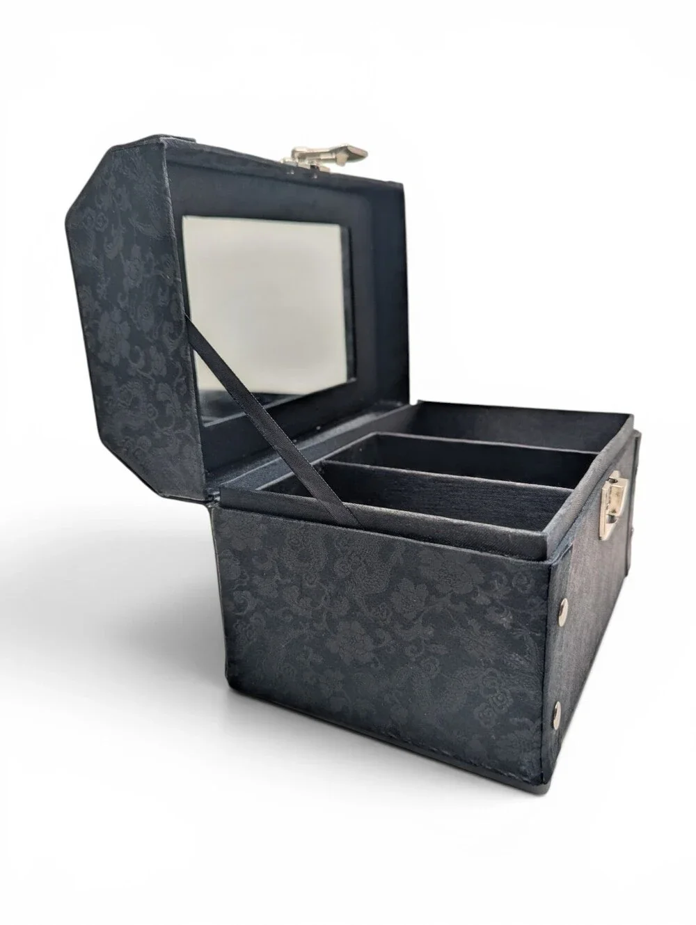 Vintage Asian Brocade Jewelry Box | Black Floral Dragon Mirror & Compartments