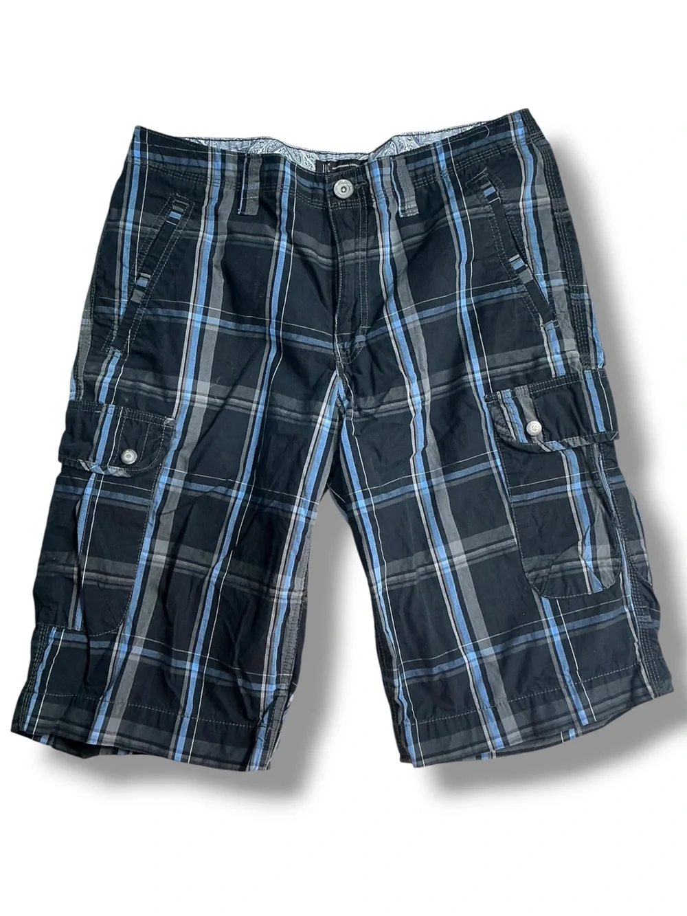 INC International Concepts Black and Blue Plaid Cargo Shorts