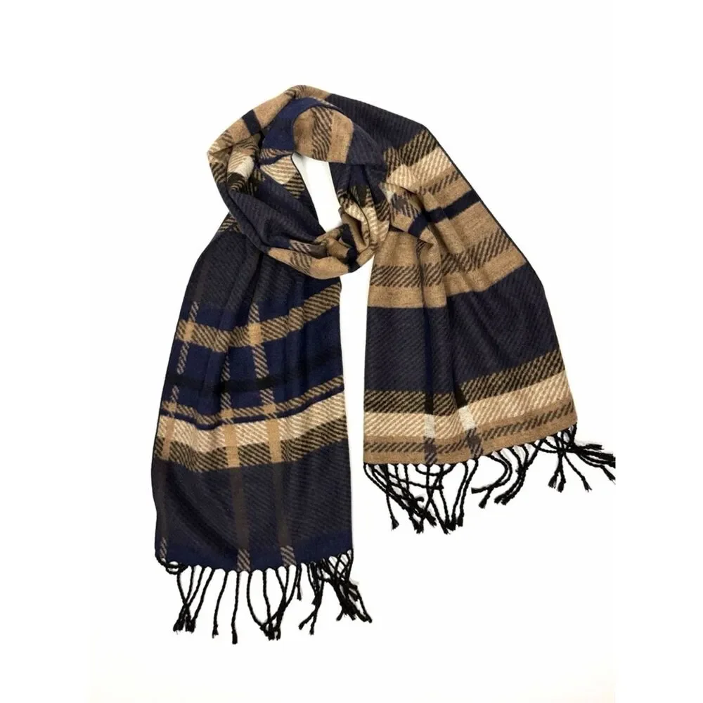 Club Room Silk Scarf Brushed Wool Feel Navy Tan Plaid Fringe Soft Warm 67x12