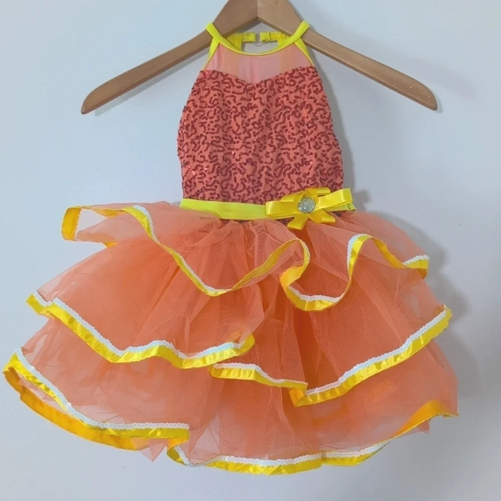 New Weissman Coral Yellow Sequin Tutu Dance Costume Ruffle Skirt Halter Dress