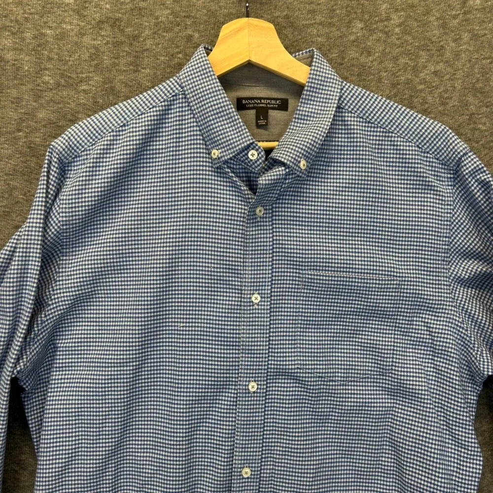 Banana Republic Mens Luxe Flannel Slim Fit Shirt Blue White Gingham Large L