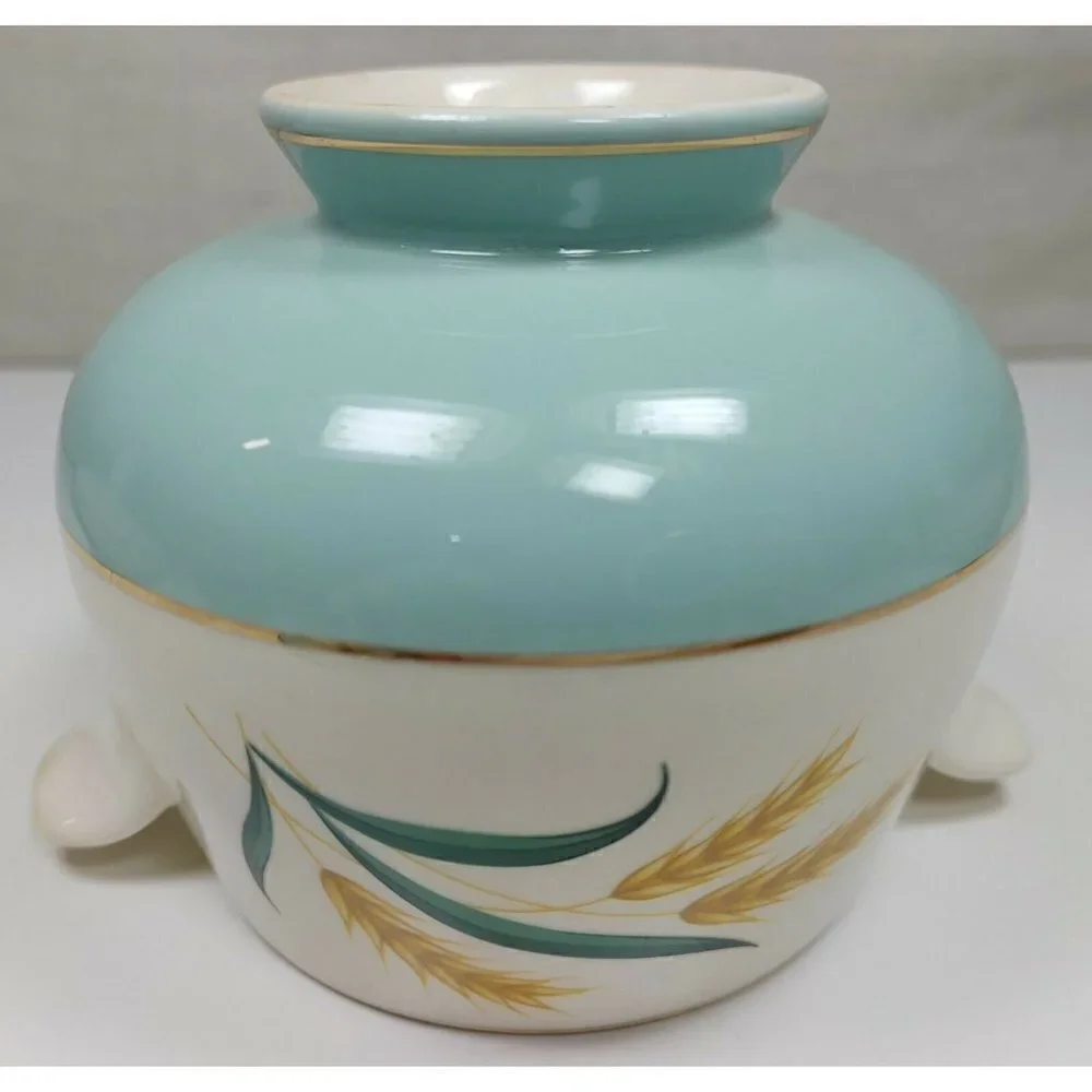 Vintage Blue Viking Wheat Gold Trim Ceramic Sugar Bowl Candle Holder With Lid