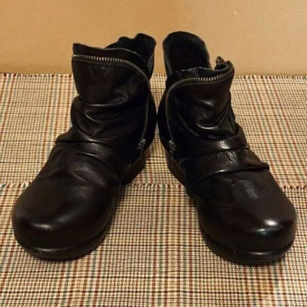 ABEO Pro Black Leather Ankle Boots with Side Zip Ruched Design Comfort Booties 7
