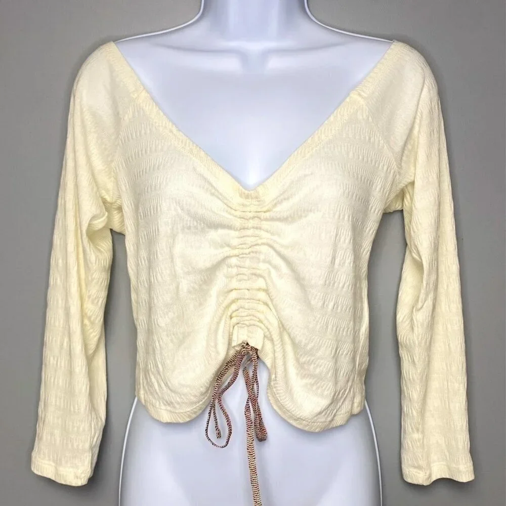 Anthropologie White Cinched Long Sleeve White Crop Top Women's Size M‎