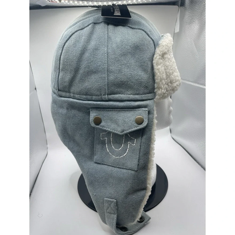 True Religion Mens Denim Trapper Hat Sheep Lined Winter Ski Trooper  New‎ H0170