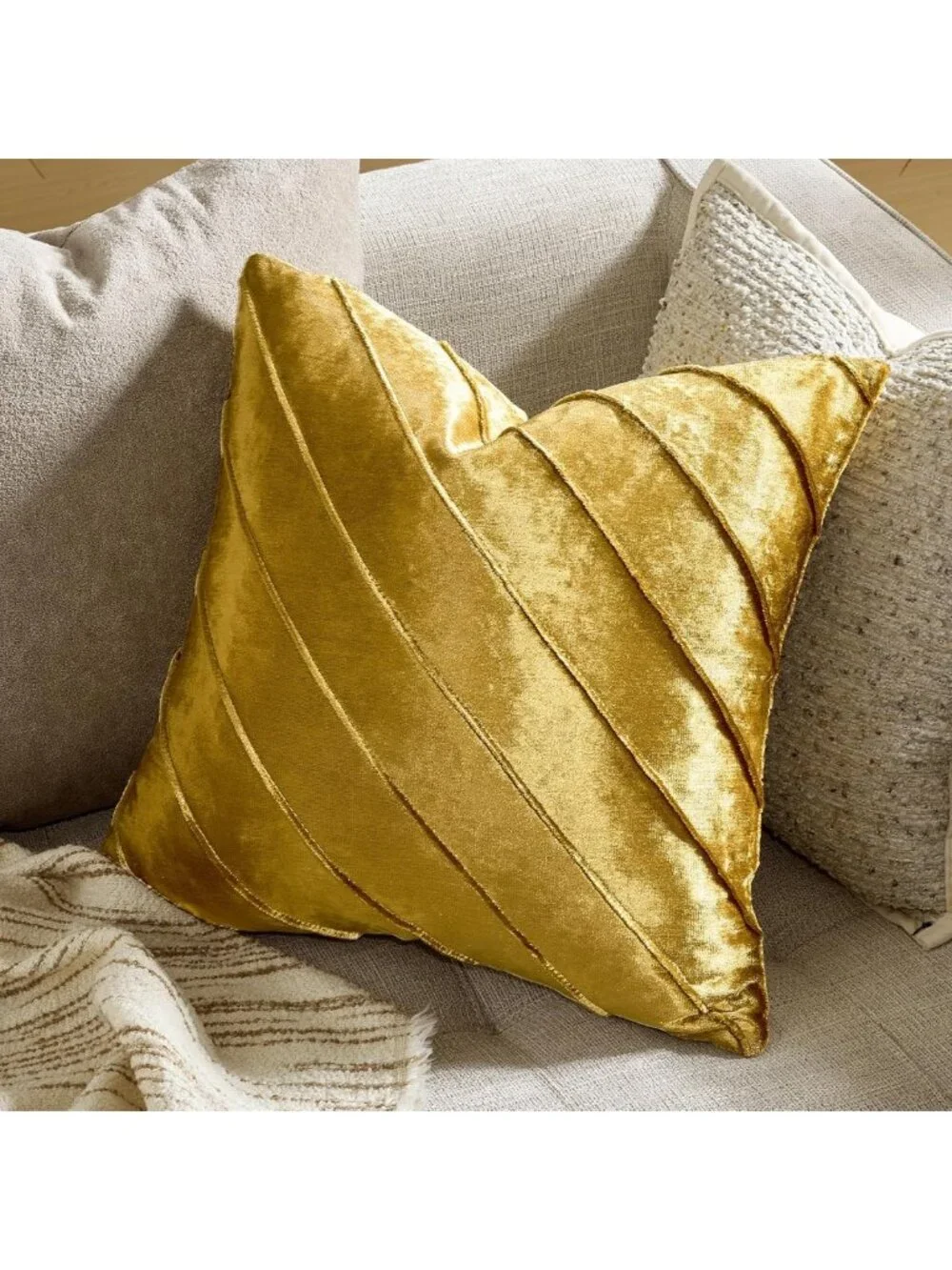Decorative Velvet Pillow Covers Set of 2, 18x18 Gold Stripe Throw Pillows for