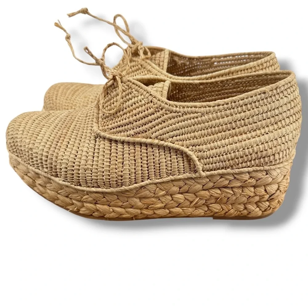 Robert Clergerie Pinto Raffia Platform Espadrille Shoes 7-7.5 Natural Wedge