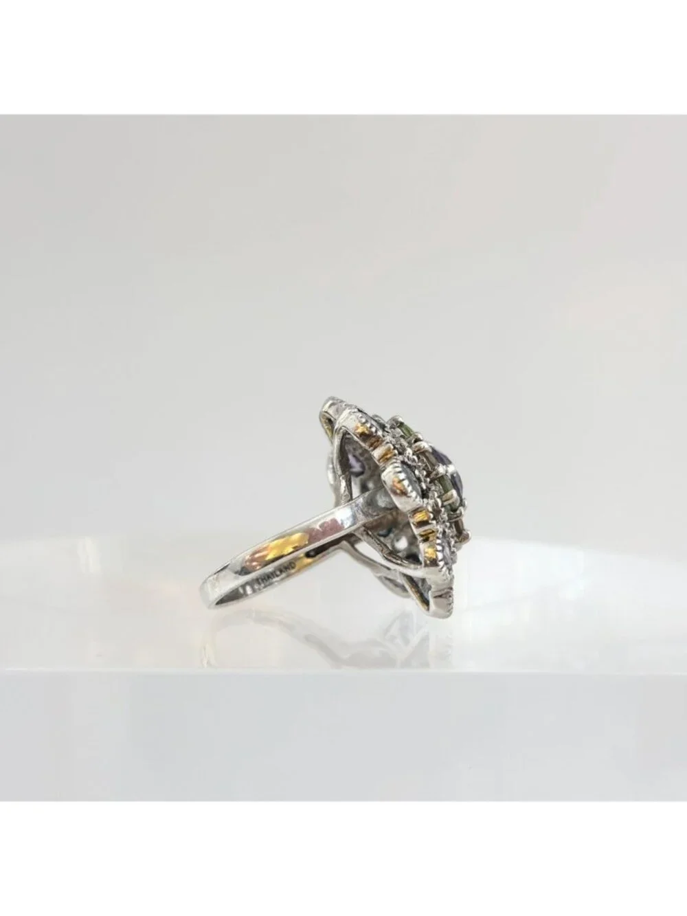 Cluster Rainbow Gemstone Blooming Flower Sterling Silver 925 Vintage Ring - sz 6