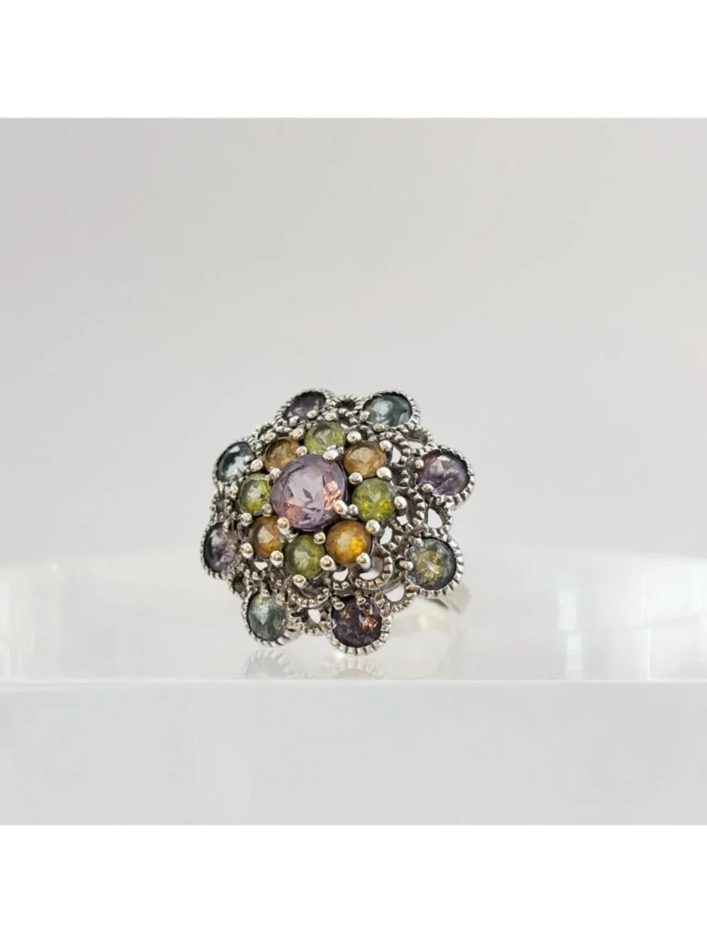 Cluster Rainbow Gemstone Blooming Flower Sterling Silver 925 Vintage Ring - sz 6