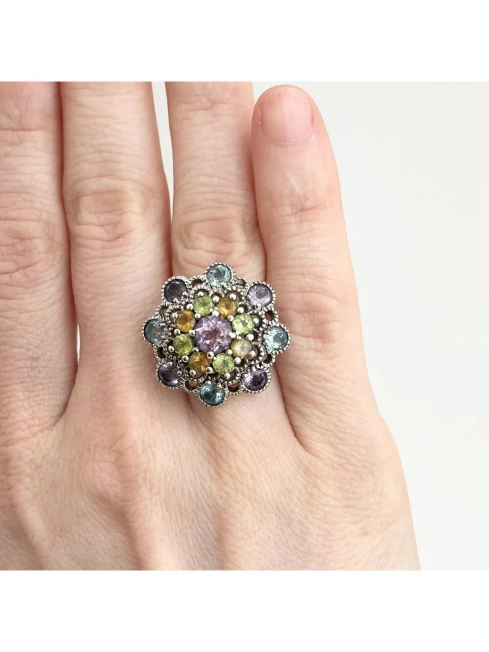 Cluster Rainbow Gemstone Blooming Flower Sterling Silver 925 Vintage Ring - sz 6