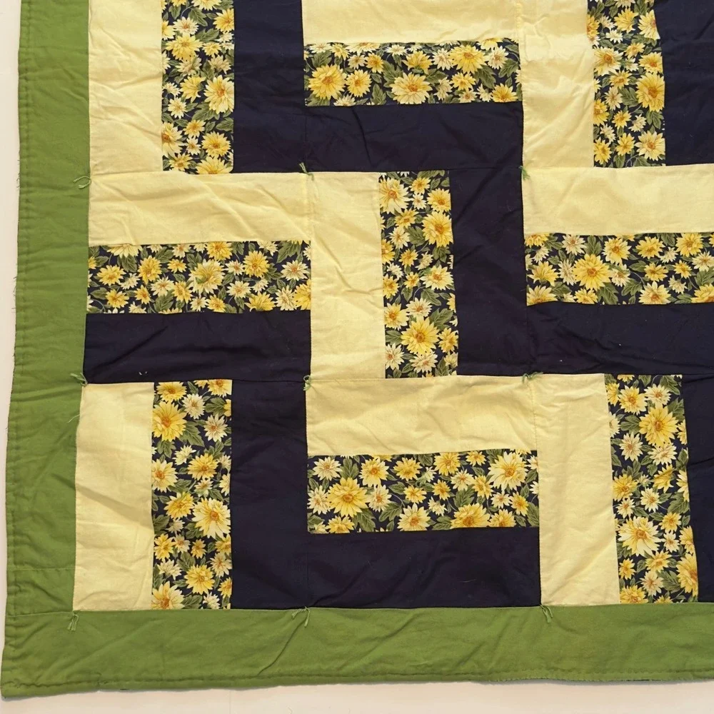 Handmade Sunflower Rail Fence Patchwork Quilt Navy Yellow Green 40x49 Throw