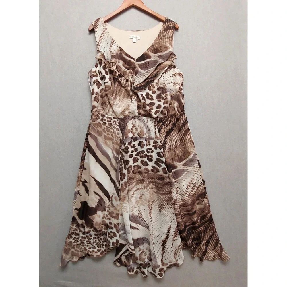 Dressbarn Animal Print Midi Dress 16 Asymmetric Hem Brown Resort Flowy Vacation