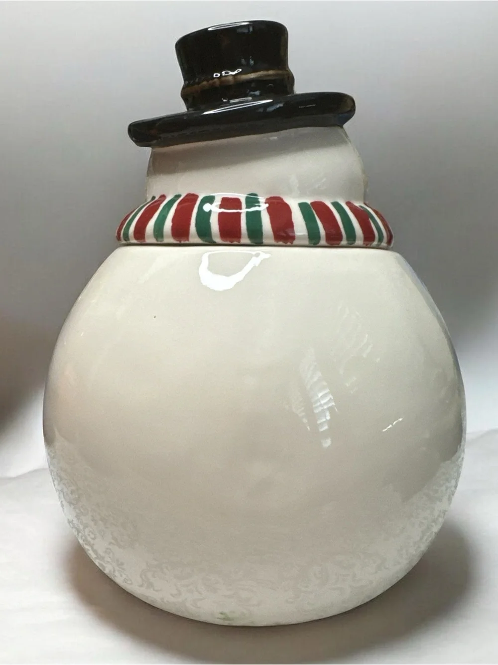 Gibson White Snowman Jar with Black Hat and Red-Green Scarf
