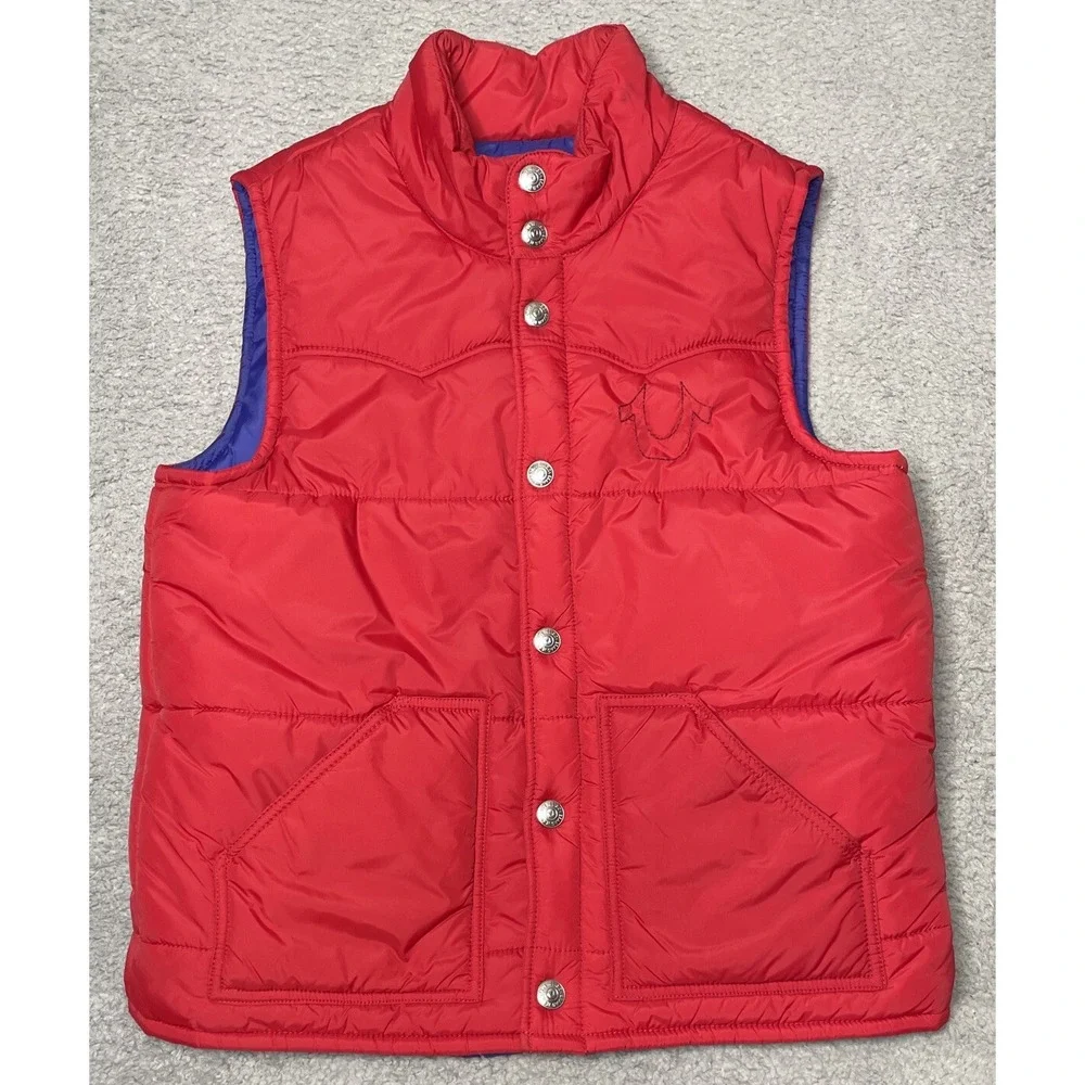 True Religion World Tour Red Snap Button On‎ Puffer Vest W/ Pockets Men's XL