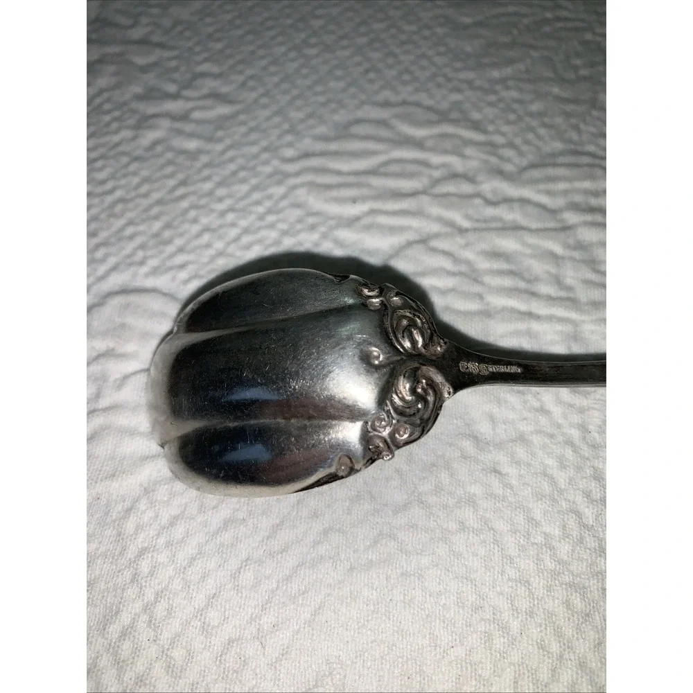 Antique STERLING Silver Sugar Spoon Ornate Victorian Edwardian Rococo Swirl 28g