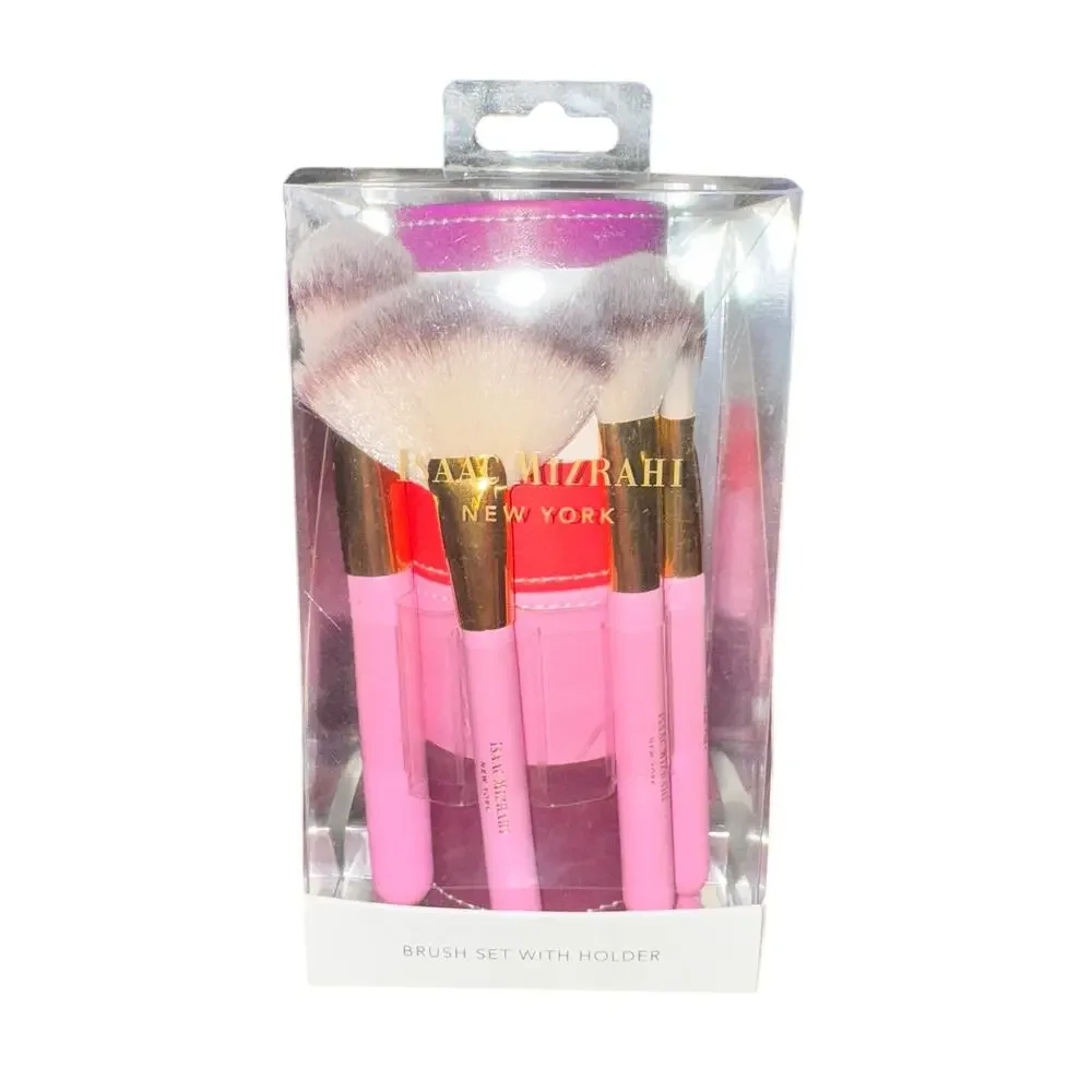 Isaac Mizrahi Makeup Brush Set With Holder Pink Powder Fan Blush Foundation New