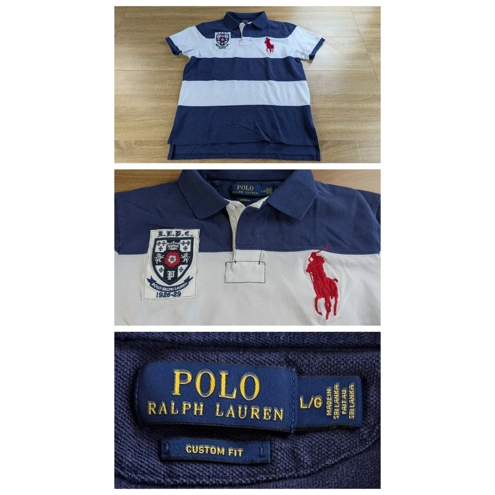Polo Ralph Lauren Big Pony Mens L Custom Fit Rugby Stripe Crest Shirt Navy White
