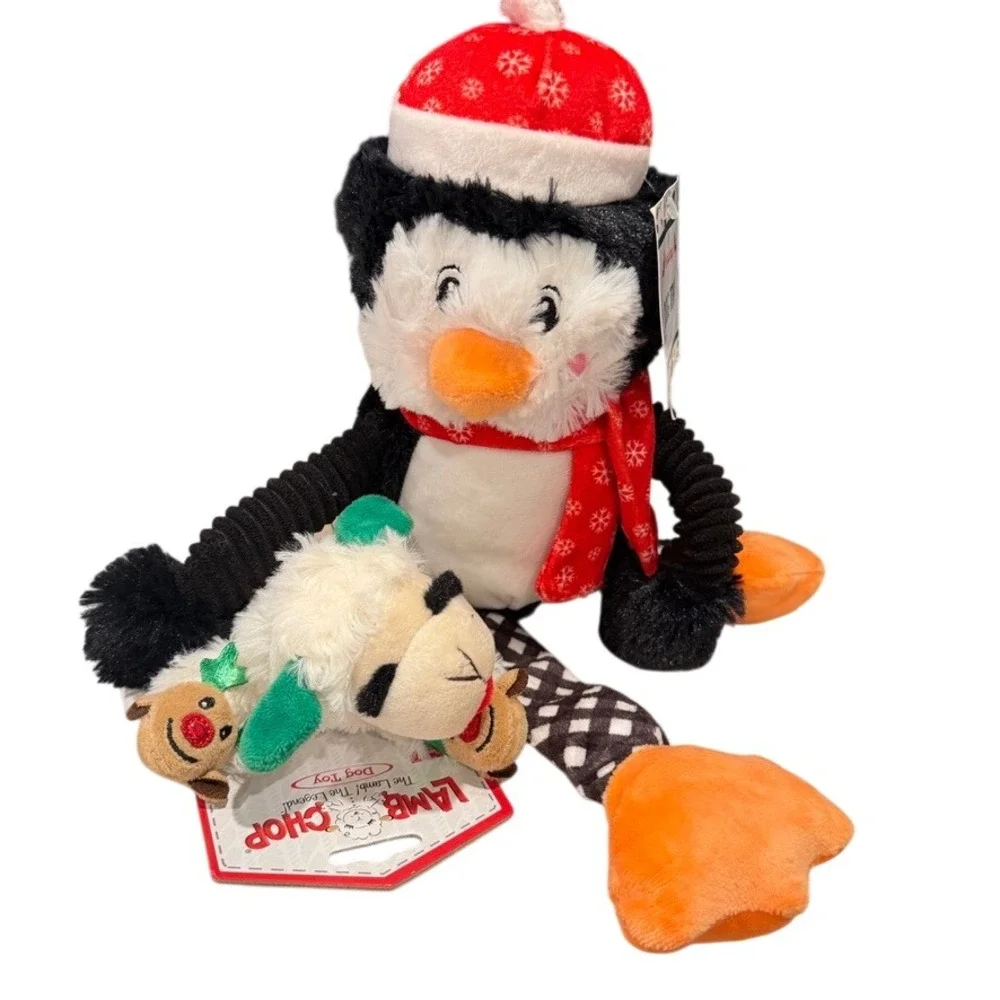 Pet Holiday Dog Toys (2) Lamb Chop & Penguin Multicolor Christmas Plush‎