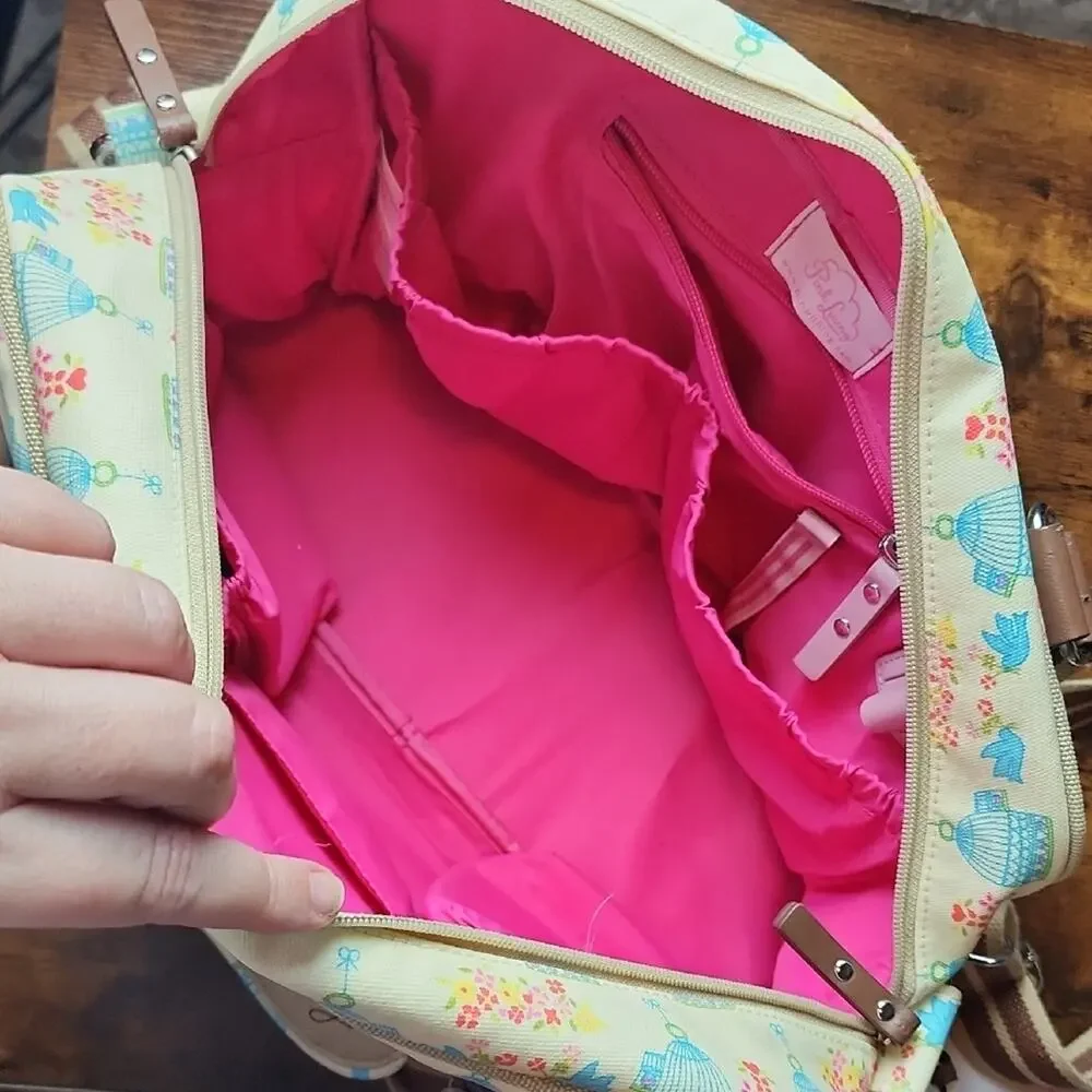 PINK LINING |‎ Yummy Mummy Cream and Brown Floral Blue Birds Baby Diaper Bag
