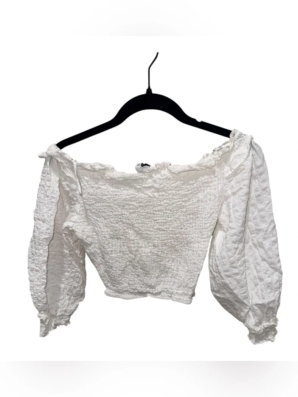 Zara White Off Shoulder Smocked Crop Top Long Sleeve Blouse Small