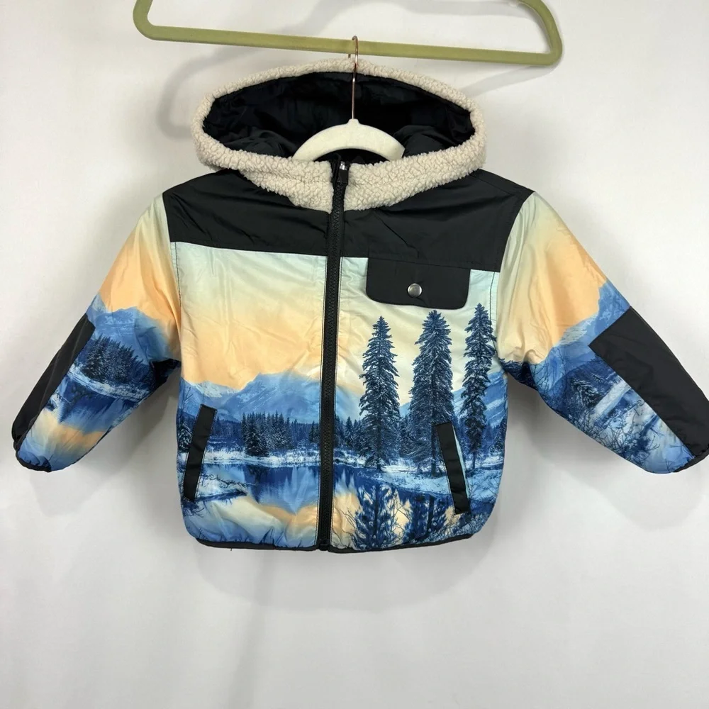 Old Navy Reversible Puffer Sherpa Jacket Toddler Sz 3T Outdoorsy Print Cozy Warm