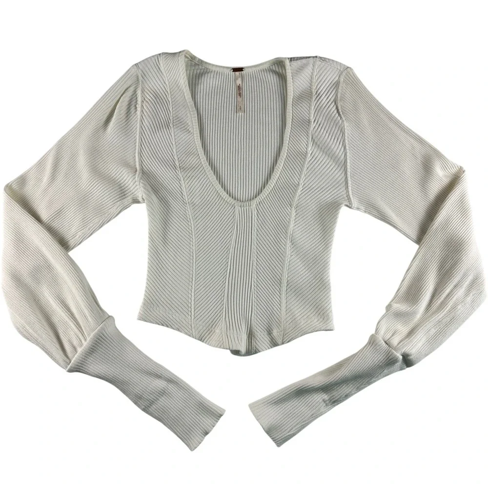 Free People White Ribbed Knit Scoop Neck Corset Top Long Sleeve Wide Cuff Small
