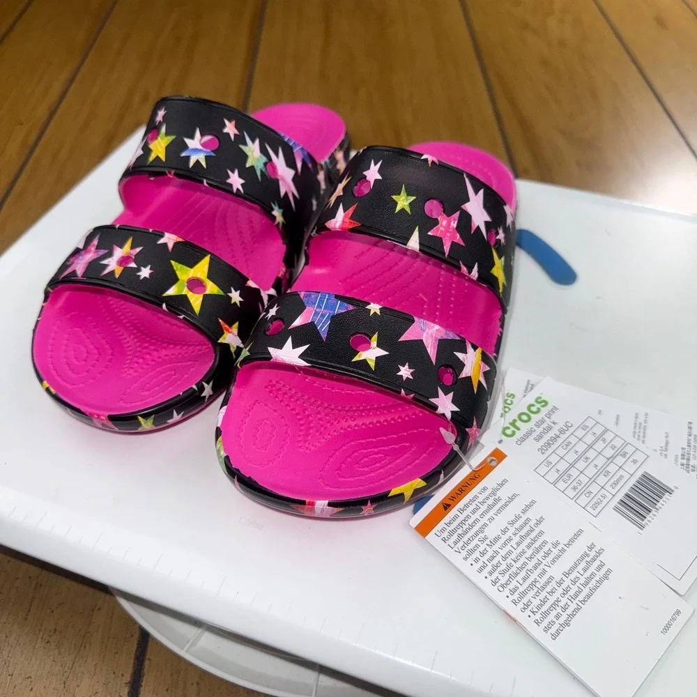 Crocs Classic Star Print Sandal‎ K Pink Black Multi Kids J4 209094-6UC NWT