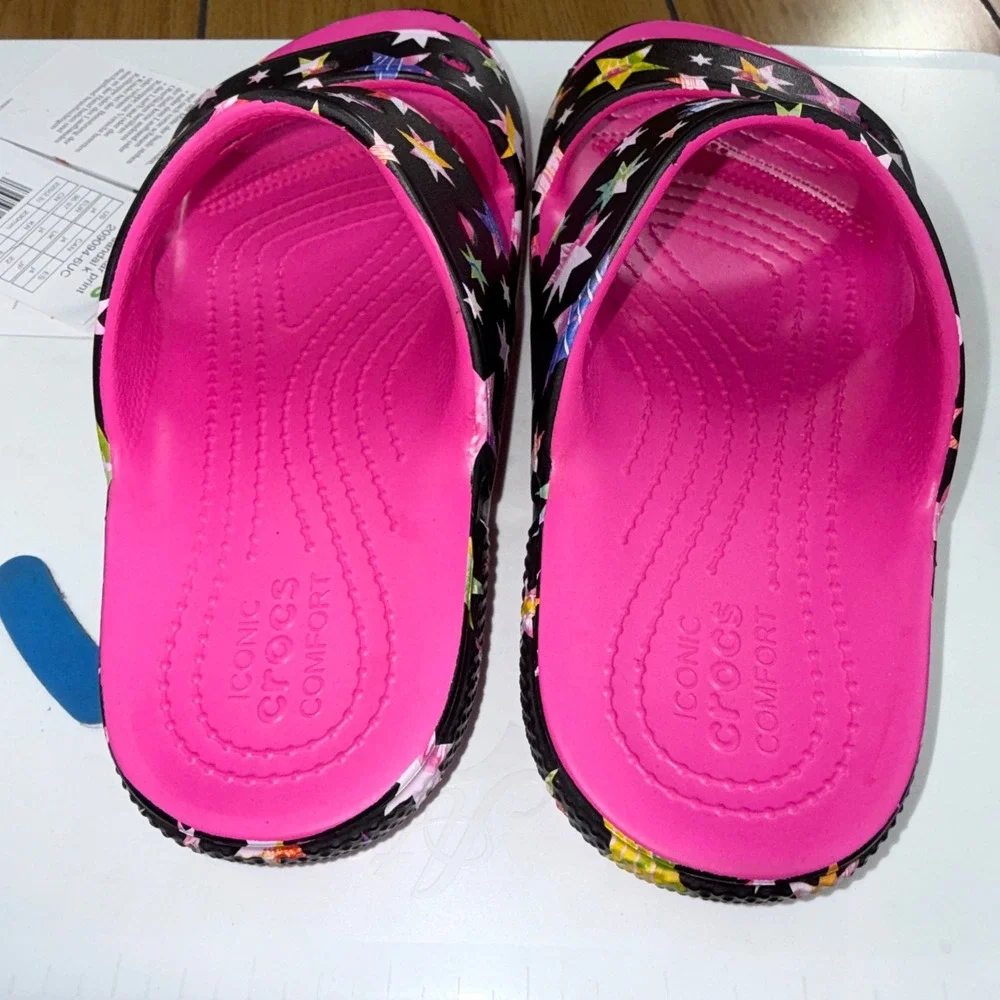 Crocs Classic Star Print Sandal‎ K Pink Black Multi Kids J4 209094-6UC NWT