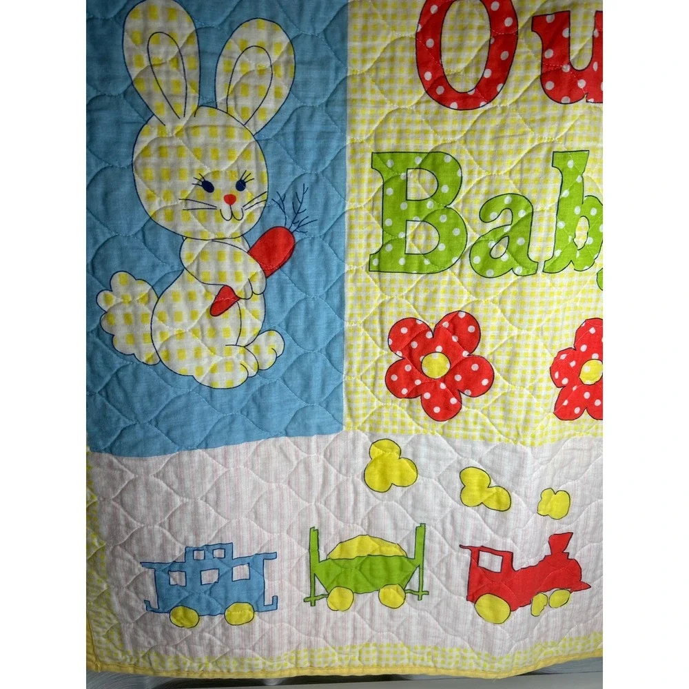 Baby Quilt Blanket That's Our Baby Teddy Bear‎ Bunny Ducks Train VINTAGE Yellow