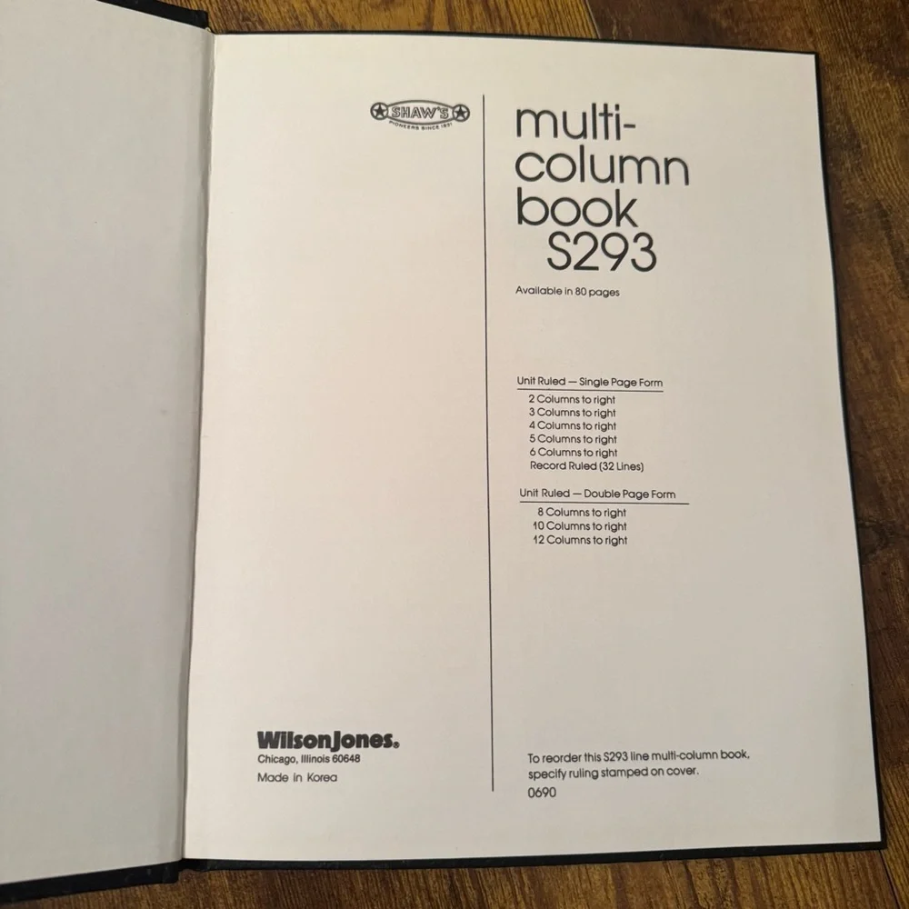 Wilson Jones 4 Column‎ Account Book S293 Ledger Black Hardcover 80 Pages