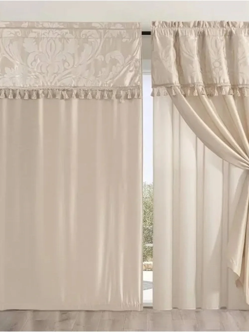 Elegant Cream Layered Window Curtain Set with Valance