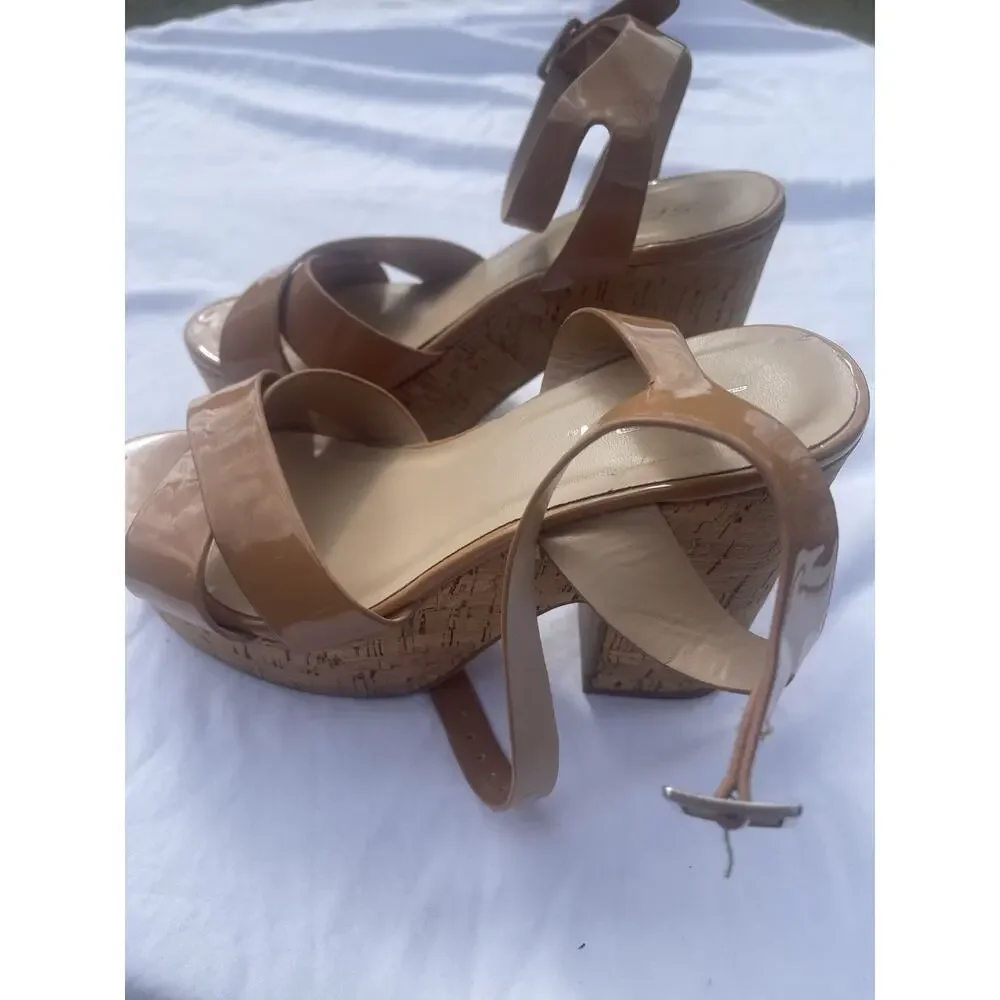 SODA Beige Patent‎ Leather Strappy Block Heel Sandals Ankle Strap Cork
