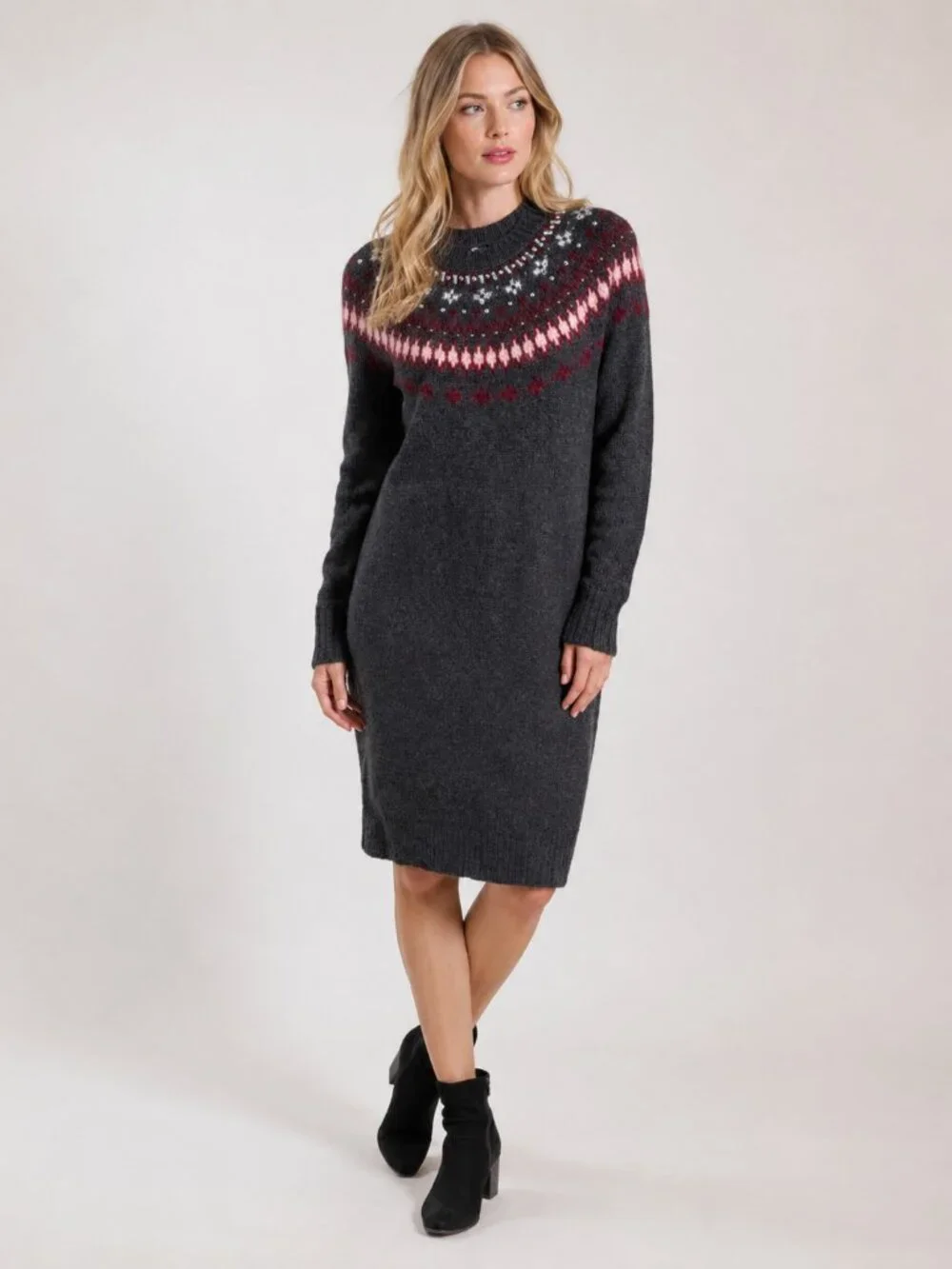 J. Crew Flair Isle Embroidered Wool Tricot Tunic Sweater Dress Charcoal #A2864