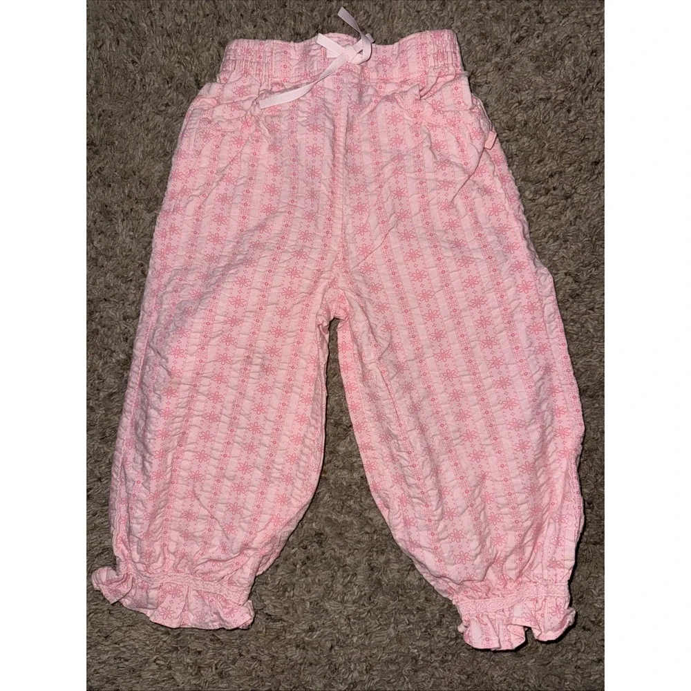 VTG OshKosh B'Gosh Pink‎ Ruffle Hem Flower Stripes Pants Cotton 24 Months
