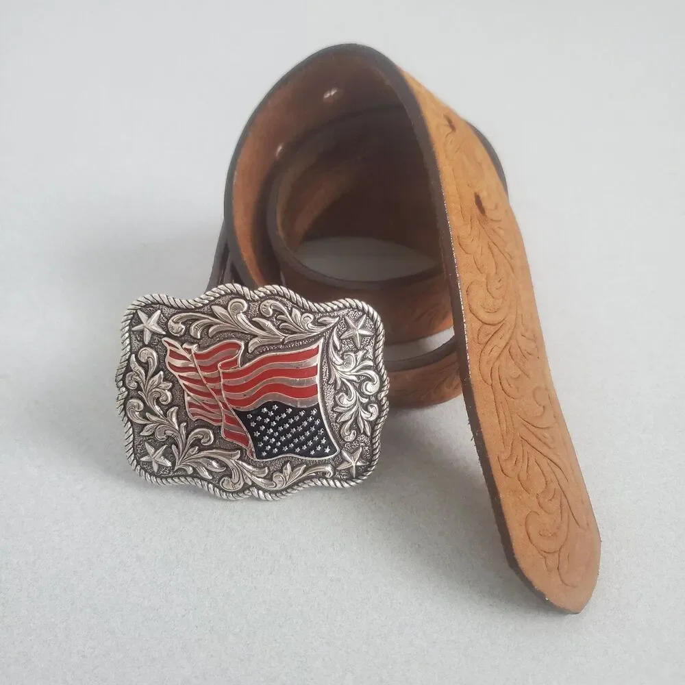 Nocona American Flag Belt Buckle and Justin Belt Size 24 Youth Western USA
