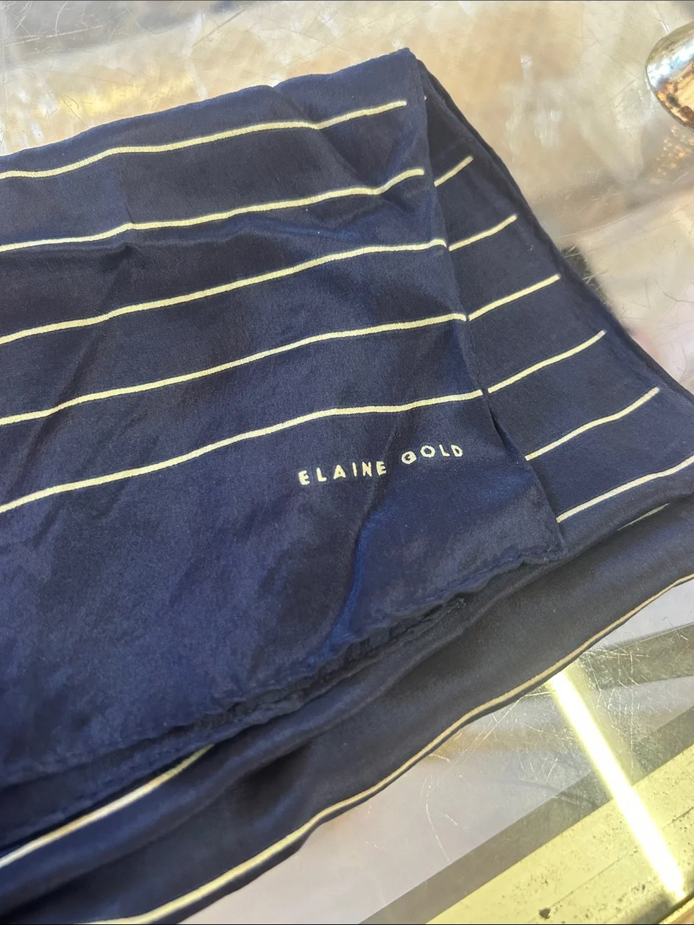 Navy Striped Silk Scarf with Subtle Logo