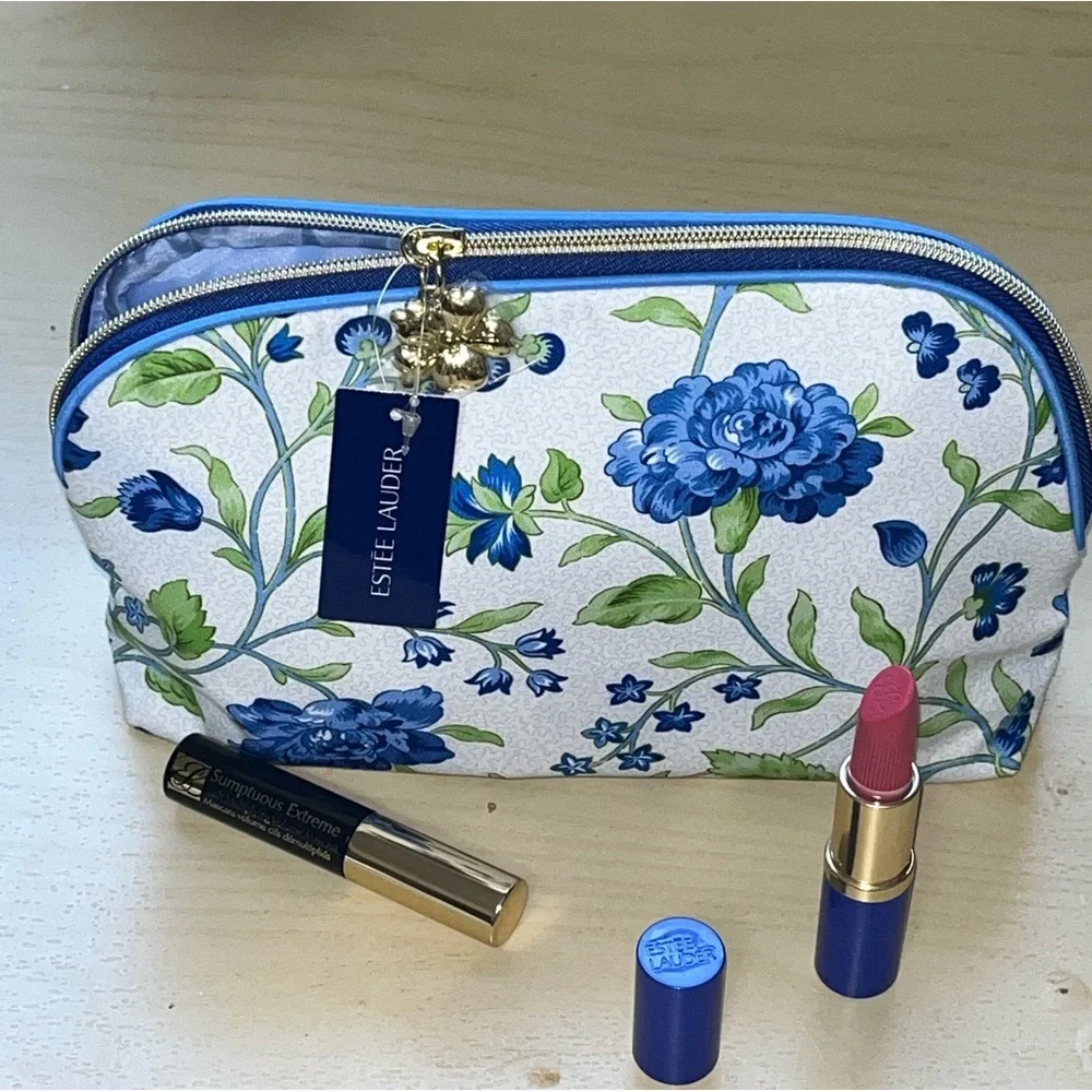 Estee Lauder Pure Color 220 Powerful Lipstick with Mascara & Floral Bag Bundle