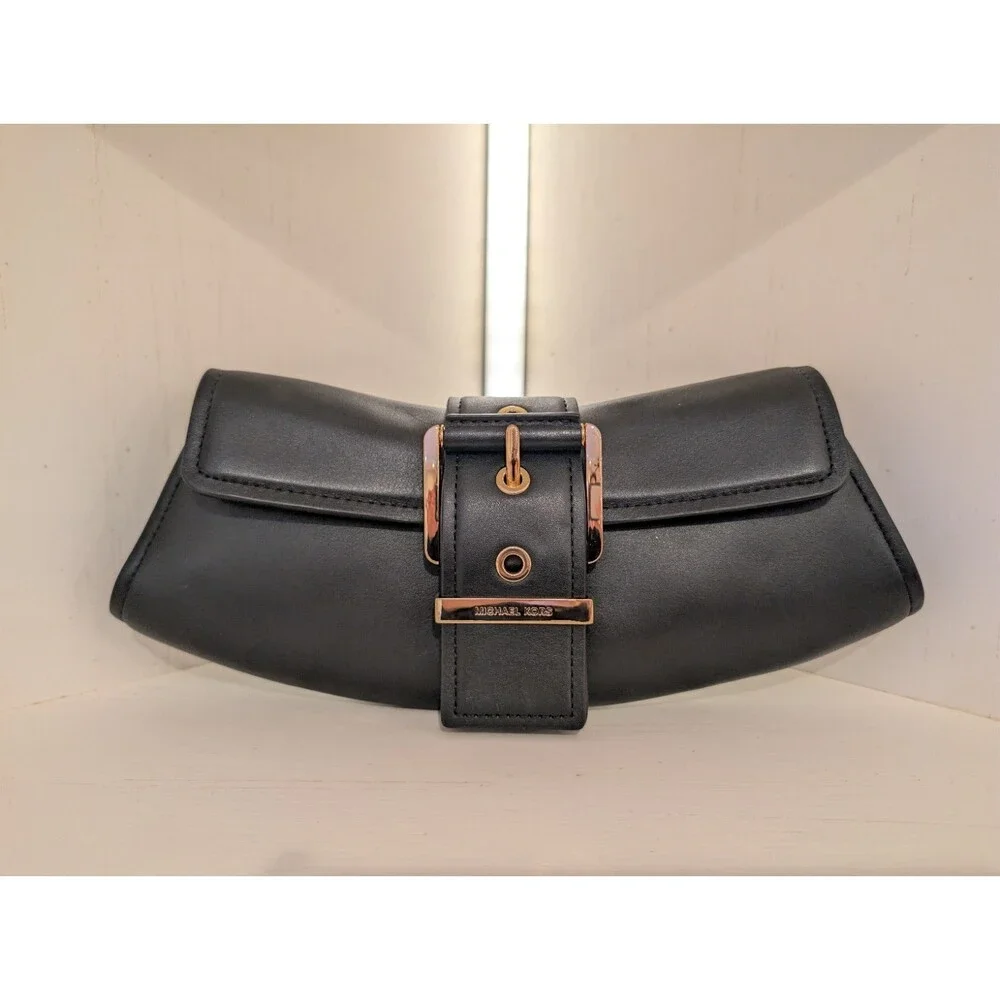 NWT Michael Kors Colby Leather Convertible Clutch Black Gold Hardware