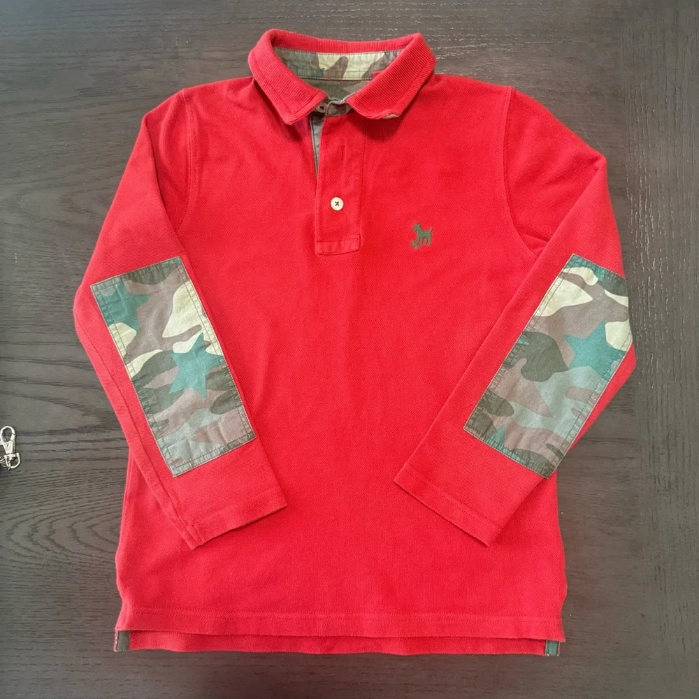 Mini Boden Boys Red Long Sleeve Polo Elbow Patch Size 6-7(122‎ cm)