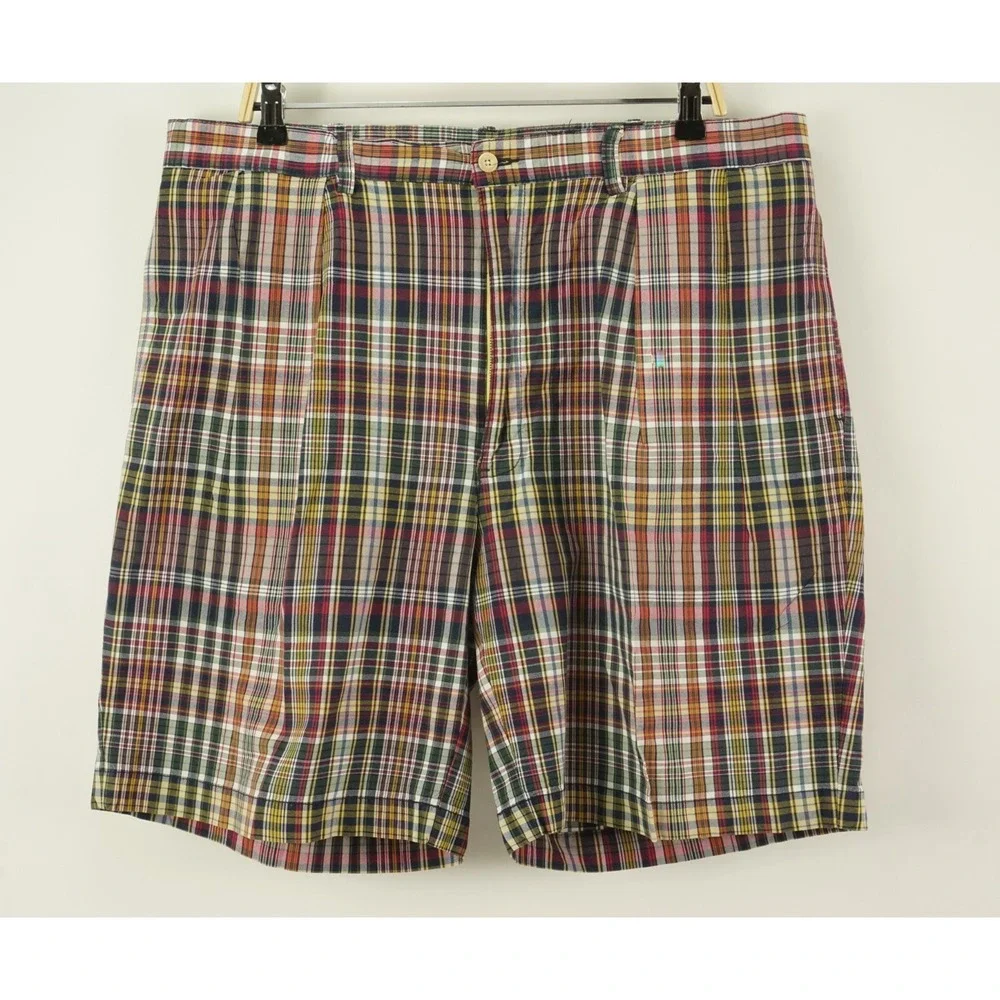 Vintage Polo Ralph Lauren Madras Plaid Pleated Chino Shorts Mens 40 x 8.5 Cotton