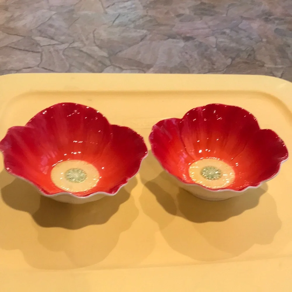 PIER 1 Bowls Red Yellow Flower Bowls Ice Cream Dishes Set of 2