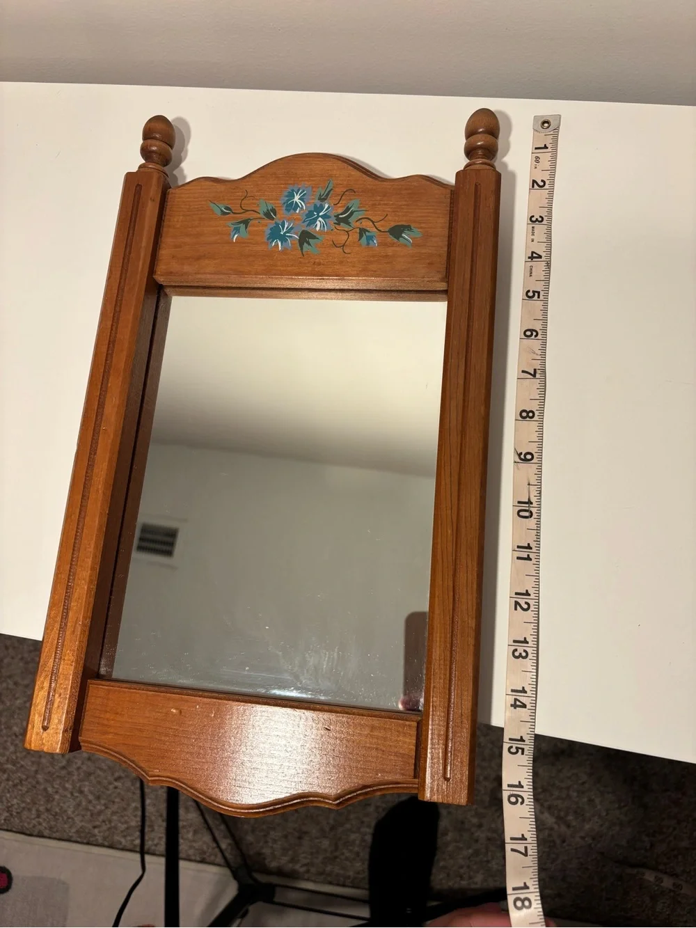 Vintage 1980s Wood Wall Mirror with Hand-Painted Floral Accent