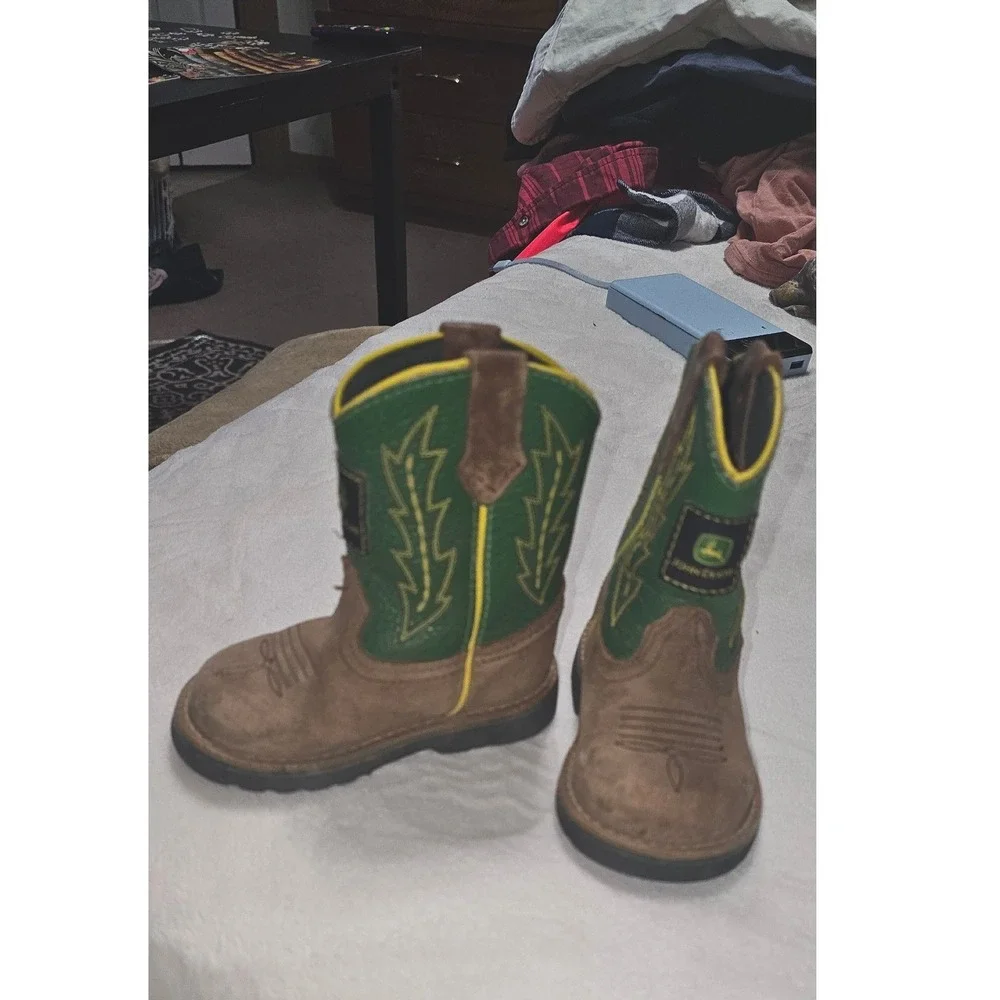 John Deere Infant Boys Brown Green Western Cowboy Boots Dan Post  Size 4.5M