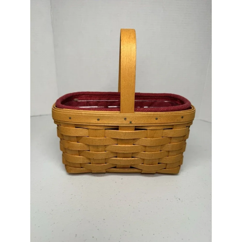 Longaberger Small Handled Woven Basket Plastic Cloth Liners Signed Dated 1999