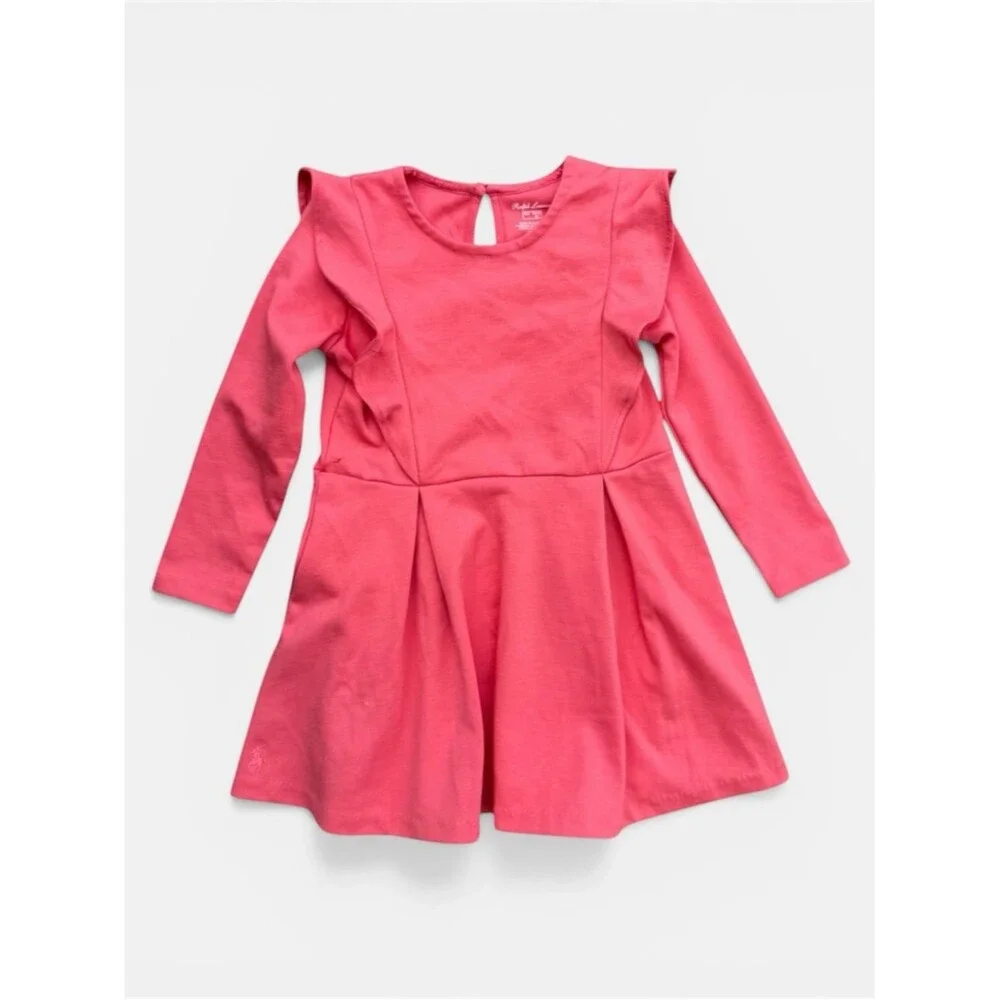 Ralph Lauren Coral Pink Long Sleeve Dress 24M Ruffle Shoulder Fit Flare Toddler