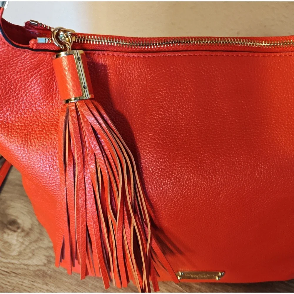 Michael Kors Hobo Crossbody Bag Womens Large Orange Pebbled Leather Tassel Gold