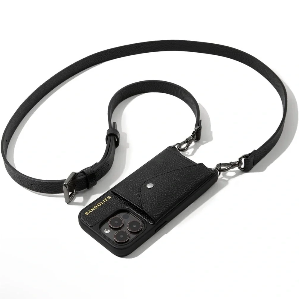 Bandolier Black Leather Phone Crossbody For 15 pro max